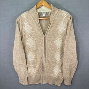 Haband Mens Cardigan Sweater Medium Beige‎ Argyle Knit Full Zip Acrylic
